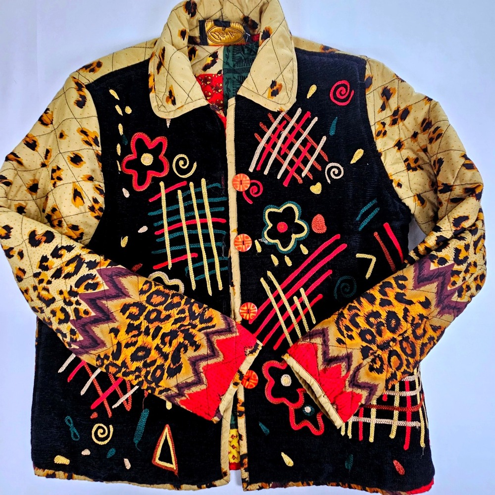 Alex Lee Reversible Quilted Jacket Leopard Patchwork Embroidered Floral Multi